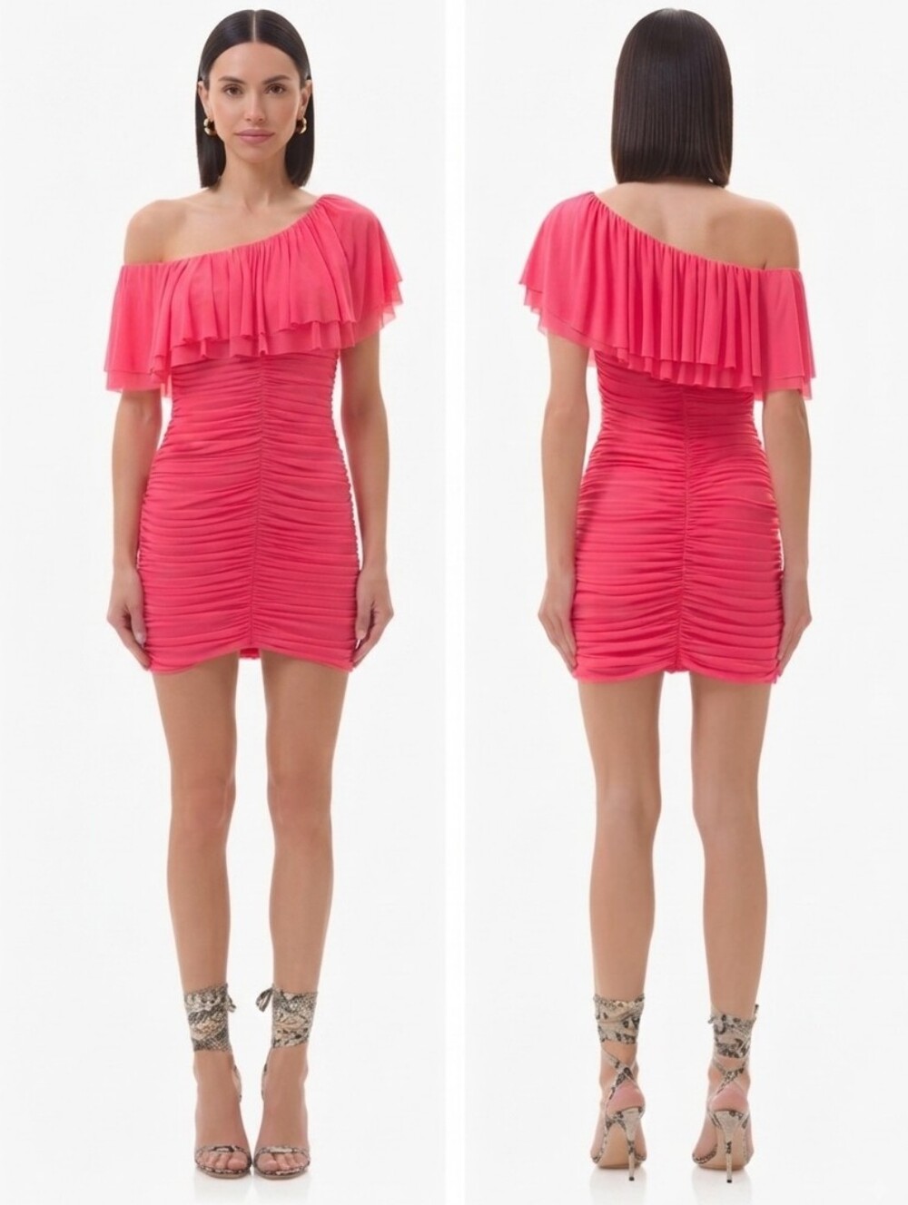 AFRM Revolve NEW Vivian One Shoulder Mesh Ruched XL Mini Dress Ruffles Stretch